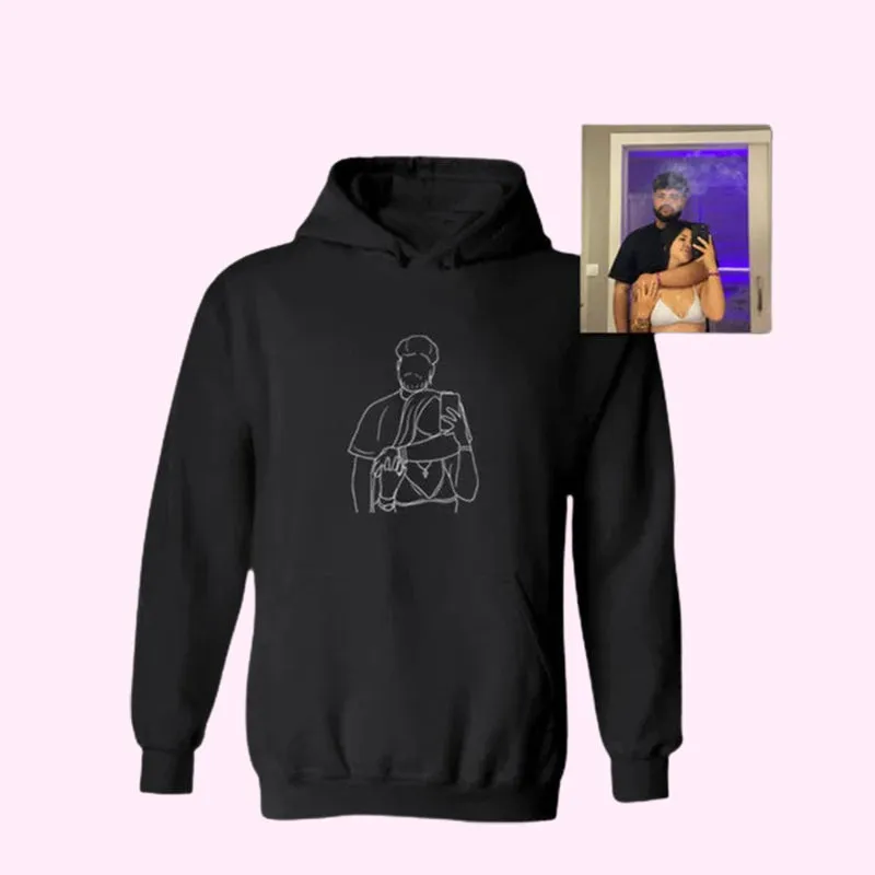 Custom Embroidered Hoodie with Personalized Line Drawing Photo
