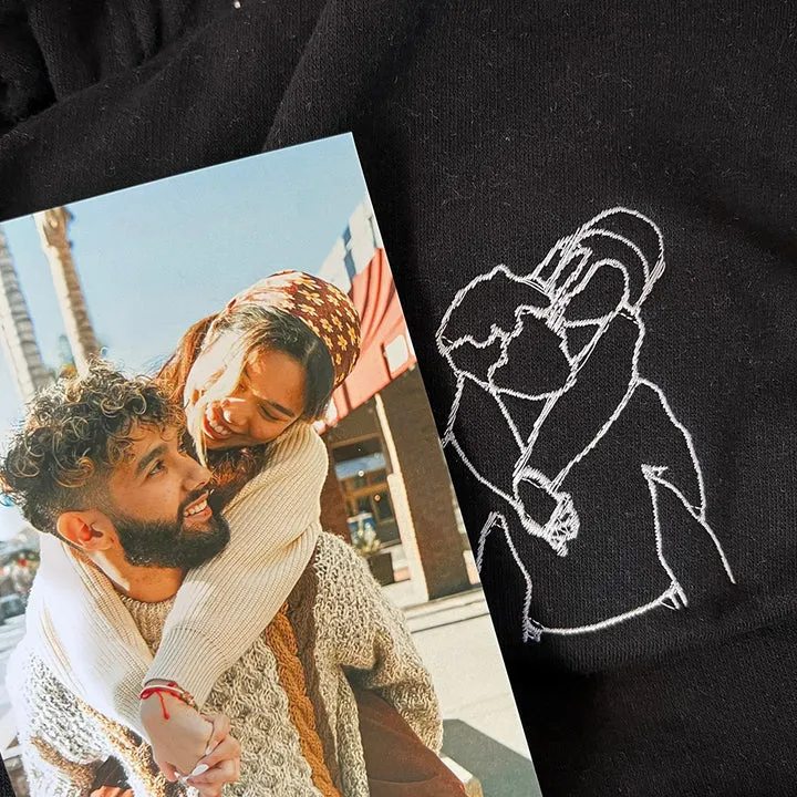 Custom Embroidered Hoodie with Personalized Line Drawing Photo
