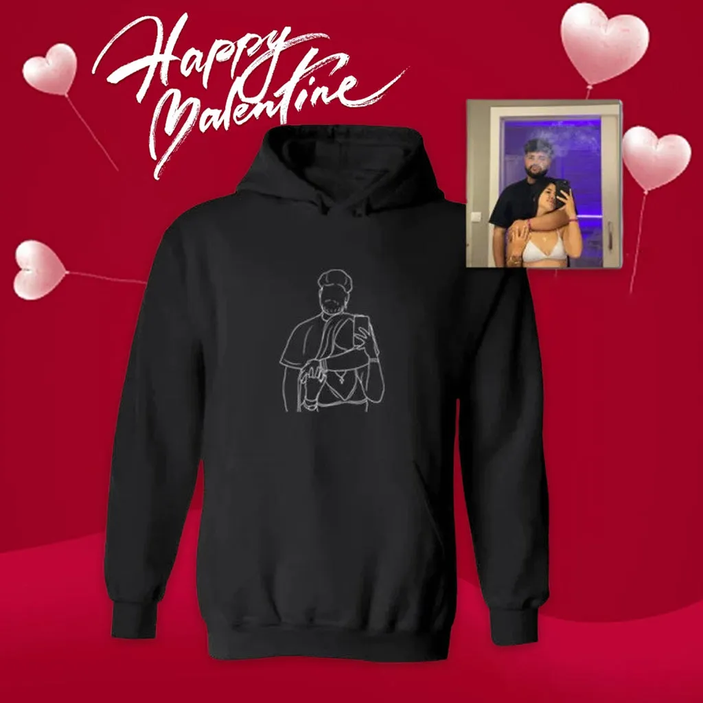 Custom Embroidered Hoodie with Personalized Line Drawing Photo