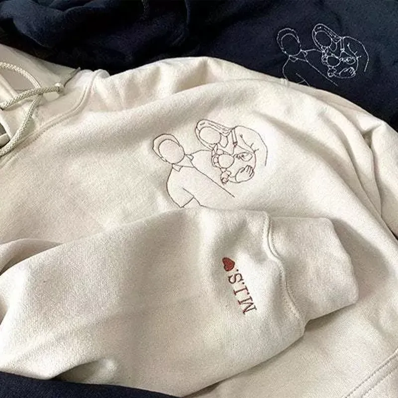 Custom Embroidered Hoodie with Personalized Line Drawing Photo