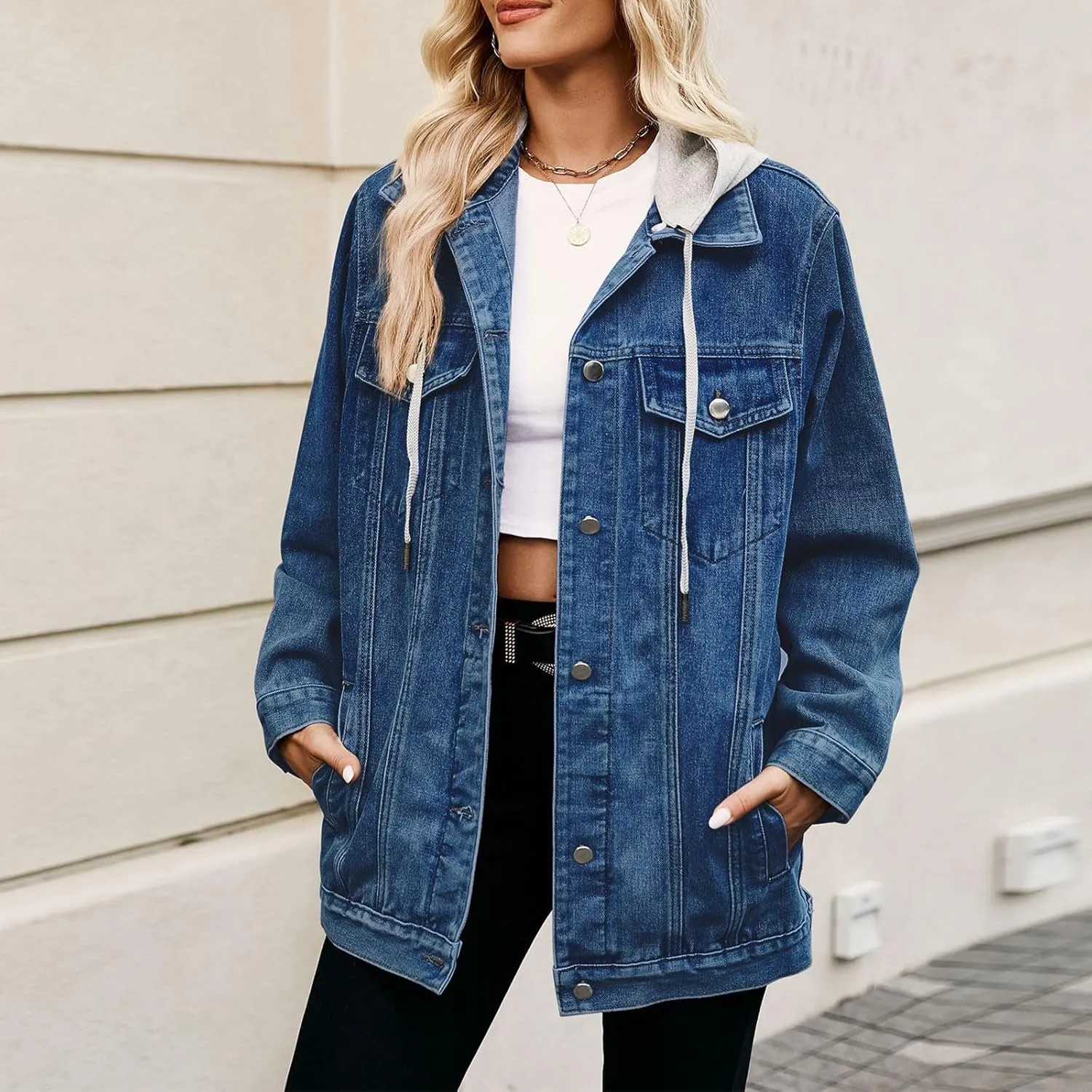 Denim Jacket for Women Oversized Lightweight Trendy Hoodies Jeans Jacket Women Casual Dressy Plus Size Trucker Jacket