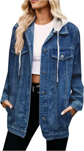Denim Jacket for Women Oversized Lightweight Trendy Hoodies Jeans Jacket Women Casual Dressy Plus Size Trucker Jacket