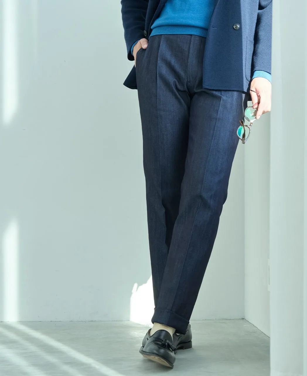 Denim Slacks Side Adjusters Single Pleat