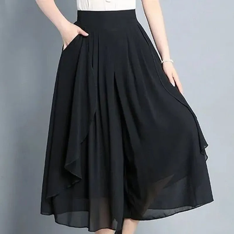 Elegant Fashion Elastic High Waist Folds Ruffles Pants Women's 2023 New Office Lady Commute Solid Color Irregular Casual Capris