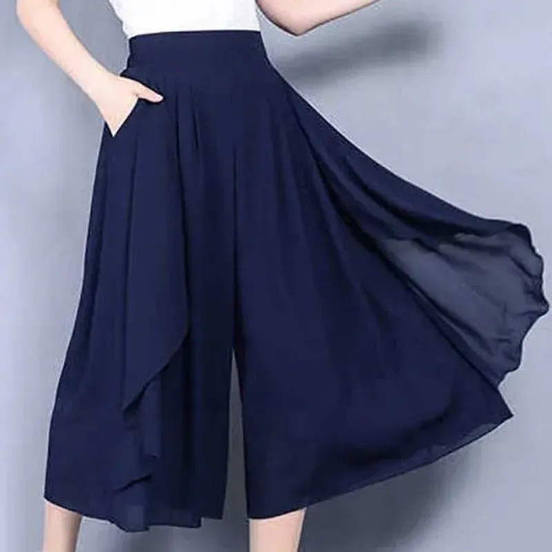 Elegant Fashion Elastic High Waist Folds Ruffles Pants Women's 2023 New Office Lady Commute Solid Color Irregular Casual Capris
