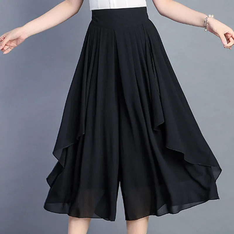 Elegant Fashion Elastic High Waist Folds Ruffles Pants Women's 2023 New Office Lady Commute Solid Color Irregular Casual Capris