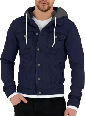 evzosrz Men's Slim Fit Denim Jacket Casual Classic Long Sleeve Hoodies Solid Hooded Trucker Jeans Jacket Coat Outwears