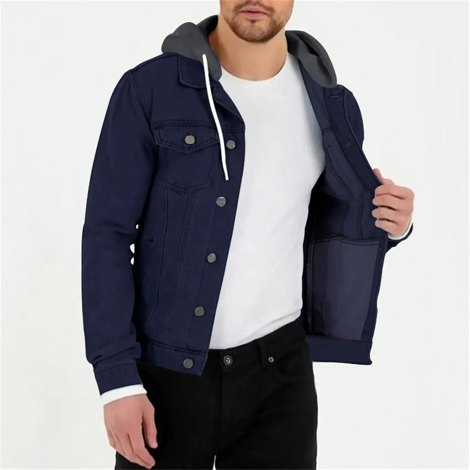 evzosrz Men's Slim Fit Denim Jacket Casual Classic Long Sleeve Hoodies Solid Hooded Trucker Jeans Jacket Coat Outwears