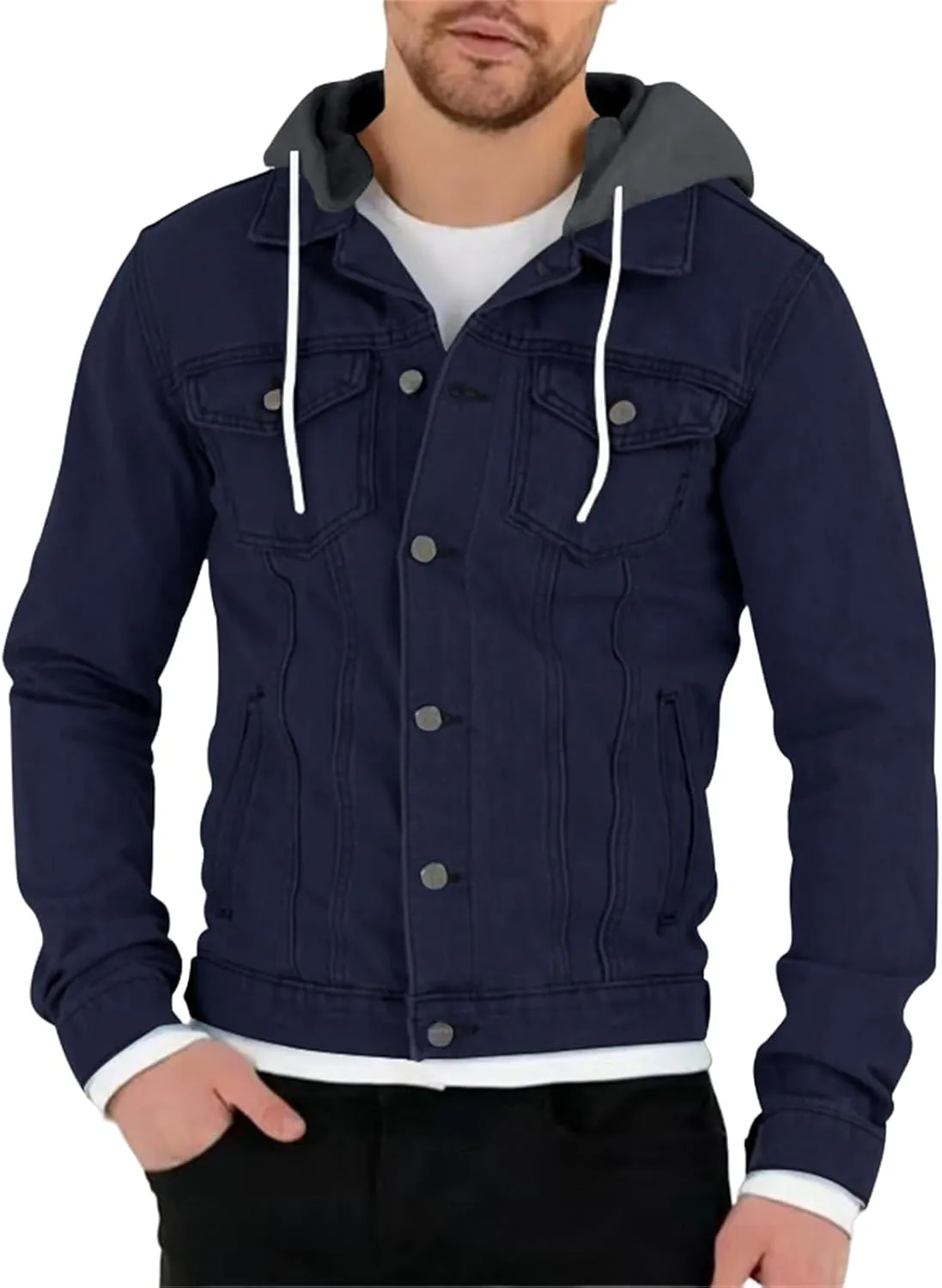 evzosrz Men's Slim Fit Denim Jacket Casual Classic Long Sleeve Hoodies Solid Hooded Trucker Jeans Jacket Coat Outwears