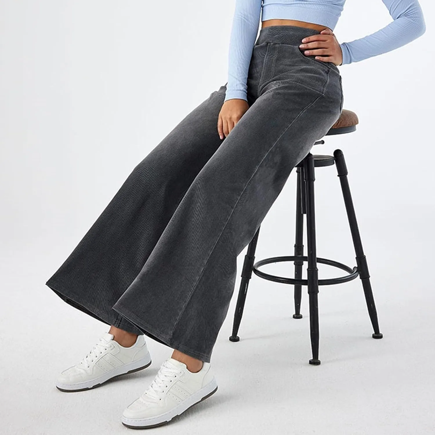 fanmpghleoo Wide Leg Jeans Woman Pull On Elastic Waist Jeans for Women Trendy Boyfriend Jeans Sweatpants That Look Like Jeans