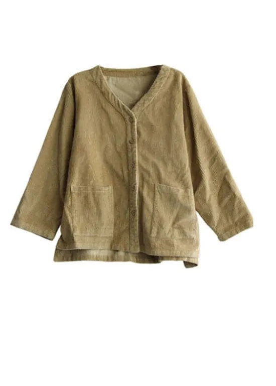 Fashion Khaki button V Neck Corduroy coats Spring