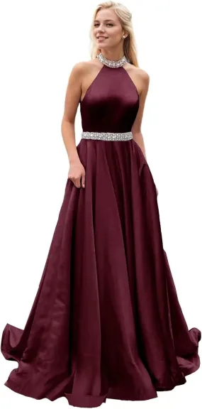 Halter Beaded Prom Dresses 2024 Satin Ball Gown Sparkly Long Pleated Formal Evening Party Gowns