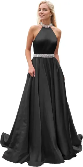 Halter Beaded Prom Dresses 2024 Satin Ball Gown Sparkly Long Pleated Formal Evening Party Gowns