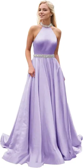 Halter Beaded Prom Dresses 2024 Satin Ball Gown Sparkly Long Pleated Formal Evening Party Gowns