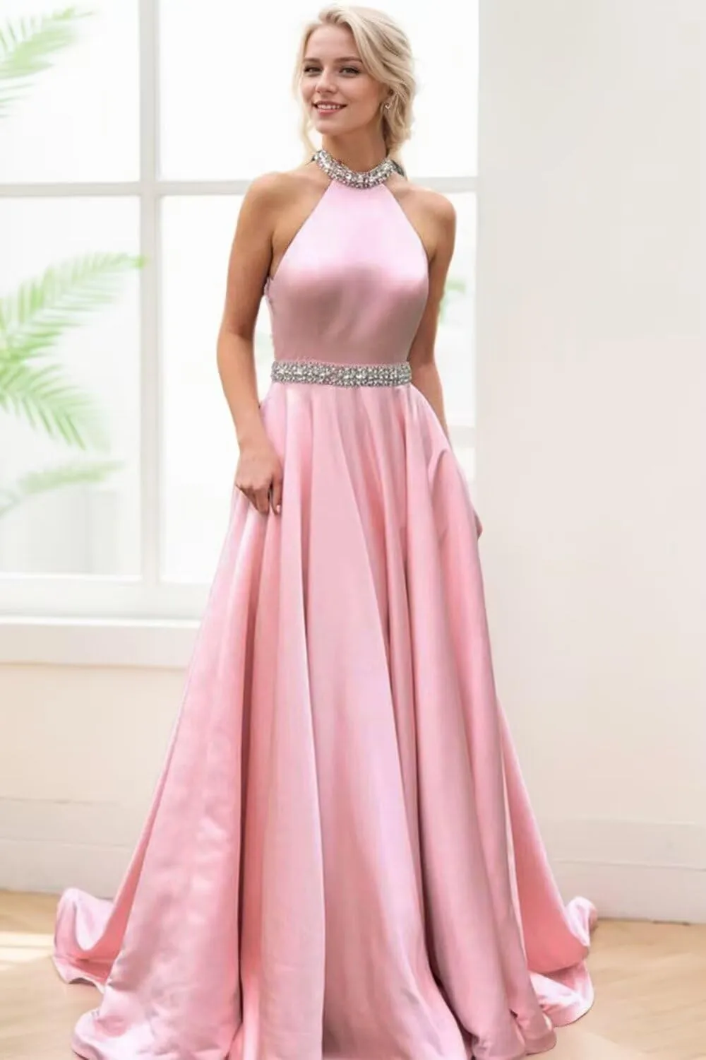 Halter Beaded Prom Dresses 2024 Satin Ball Gown Sparkly Long Pleated Formal Evening Party Gowns