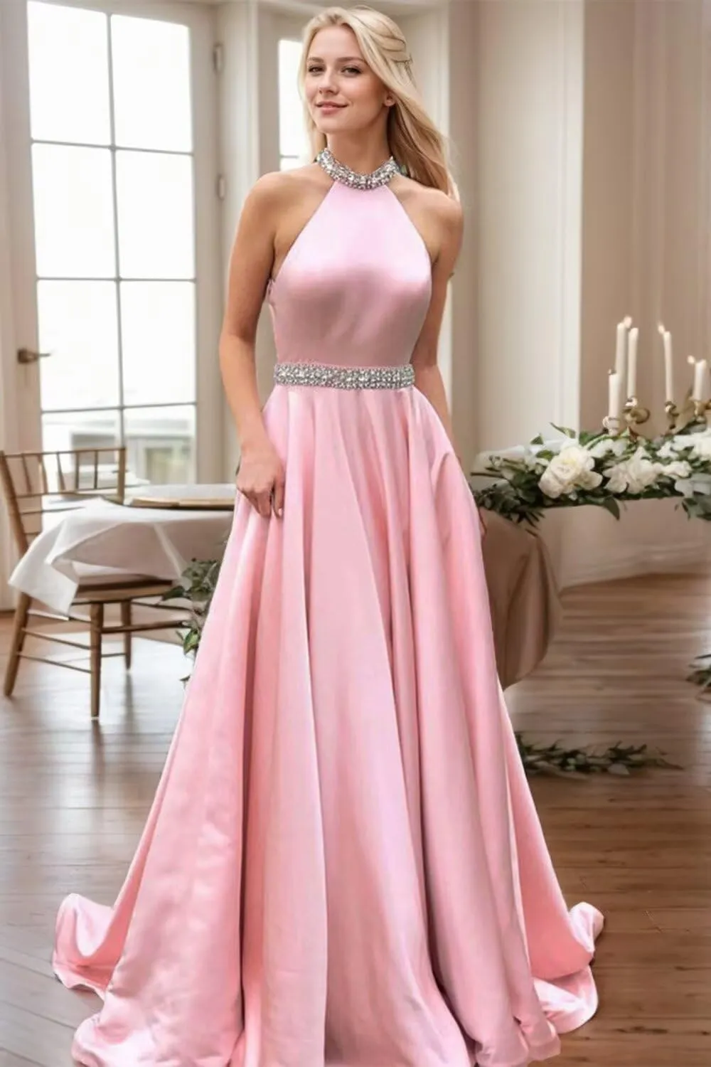Halter Beaded Prom Dresses 2024 Satin Ball Gown Sparkly Long Pleated Formal Evening Party Gowns