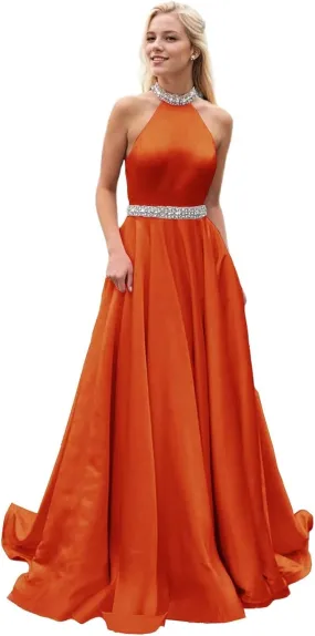 Halter Beaded Prom Dresses 2024 Satin Ball Gown Sparkly Long Pleated Formal Evening Party Gowns