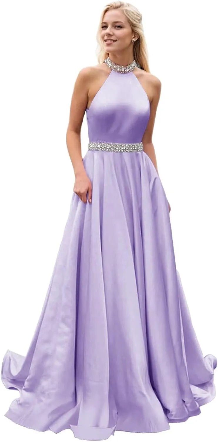 Halter Beaded Prom Dresses 2024 Satin Ball Gown Sparkly Long Pleated Formal Evening Party Gowns