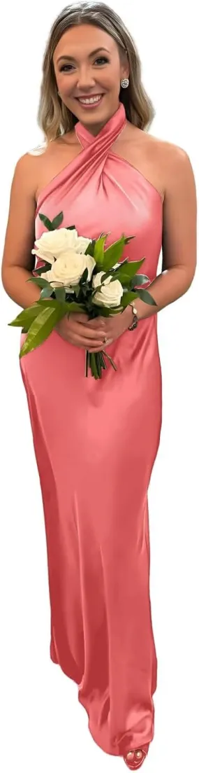 Halter Mermaid Bridesmaid Dresses Crisscross Backless Satin Mermaid Evening Gowns for Formal Wedding Party GL0011