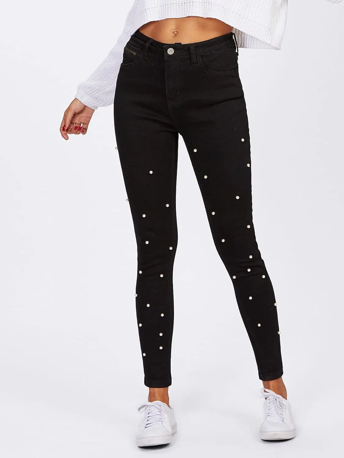 Jeans for Women High Stretch Pearl Beaded Jeans Jeans for Women (Size : Small)