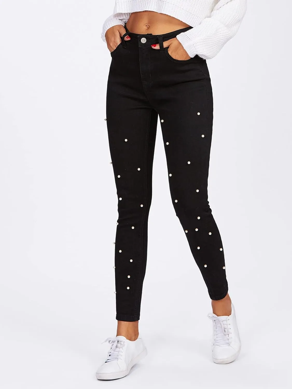 Jeans for Women High Stretch Pearl Beaded Jeans Jeans for Women (Size : Small)