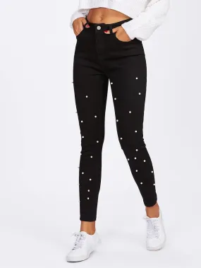 Jeans for Women High Stretch Pearl Beaded Jeans Jeans for Women (Size : Small)