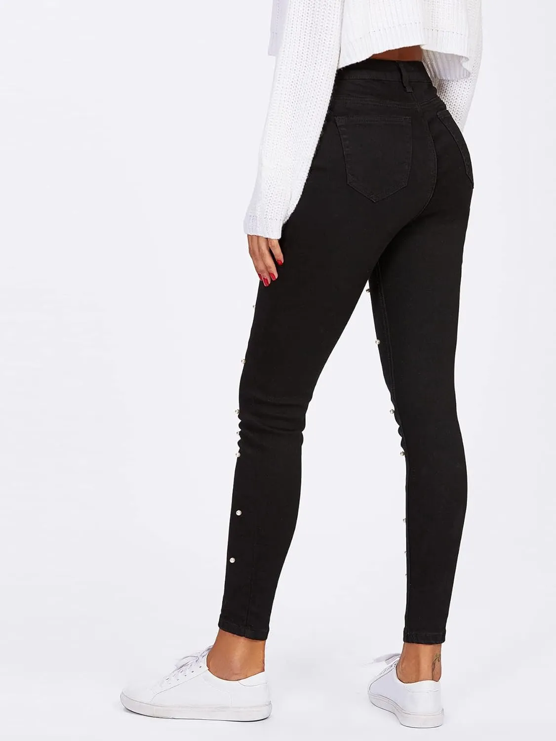 Jeans for Women High Stretch Pearl Beaded Jeans Jeans for Women (Size : Small)