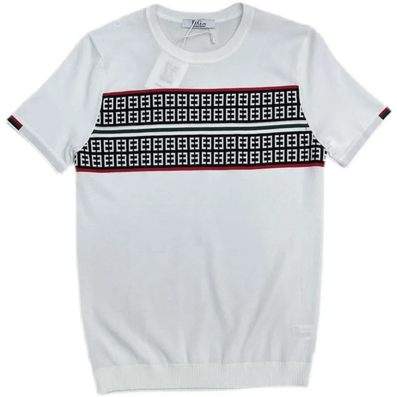 Jinquedai Summer Knitted T-shirt Men High Quality Short Sleeve Casual T-Shirt Ice Silk Breathable Streetwear Round Neck Tee Tops