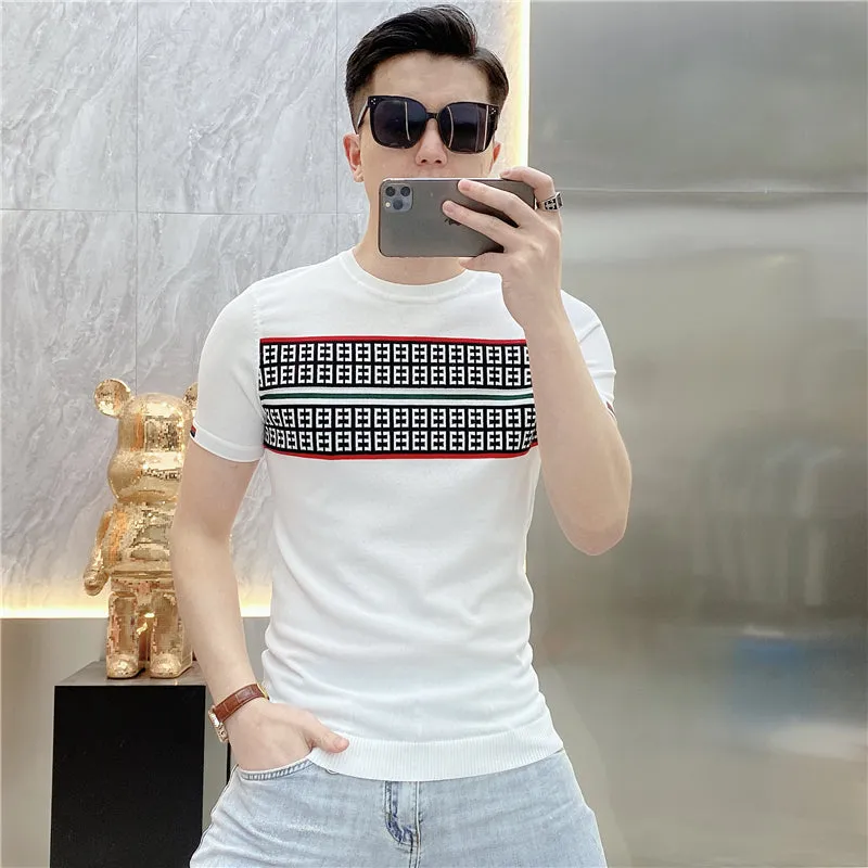 Jinquedai Summer Knitted T-shirt Men High Quality Short Sleeve Casual T-Shirt Ice Silk Breathable Streetwear Round Neck Tee Tops
