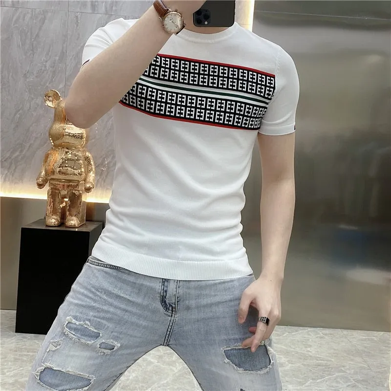 Jinquedai Summer Knitted T-shirt Men High Quality Short Sleeve Casual T-Shirt Ice Silk Breathable Streetwear Round Neck Tee Tops