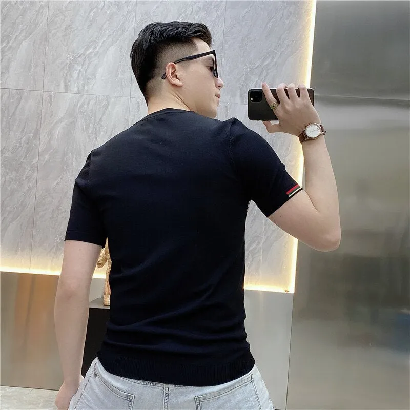 Jinquedai Summer Knitted T-shirt Men High Quality Short Sleeve Casual T-Shirt Ice Silk Breathable Streetwear Round Neck Tee Tops