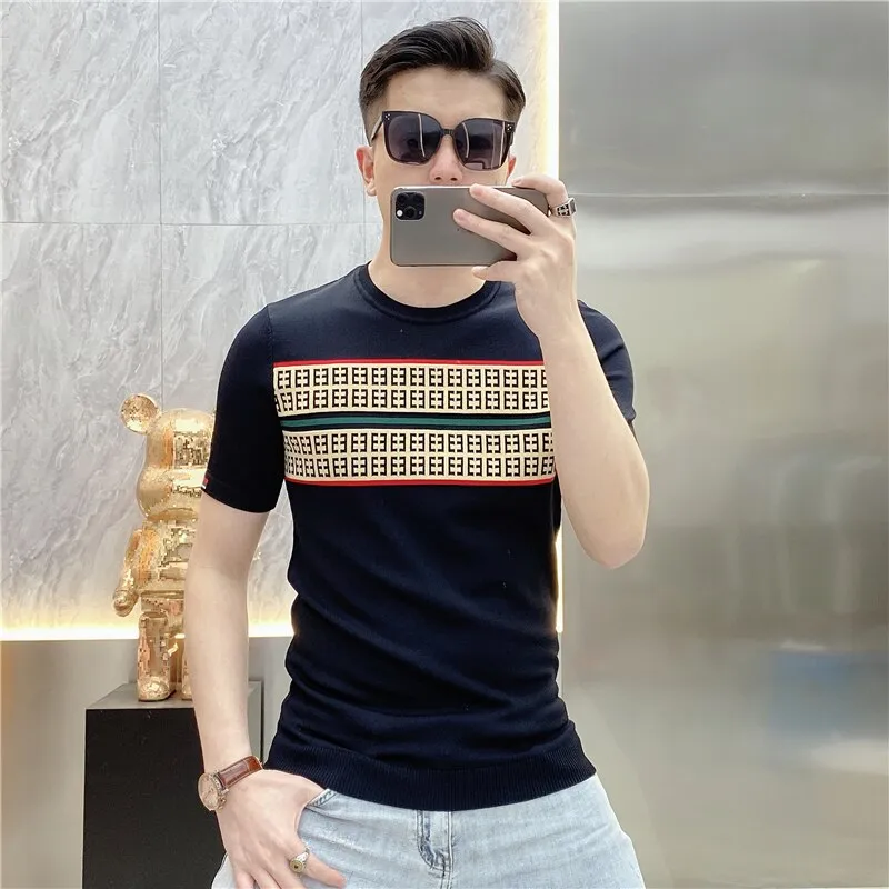 Jinquedai Summer Knitted T-shirt Men High Quality Short Sleeve Casual T-Shirt Ice Silk Breathable Streetwear Round Neck Tee Tops