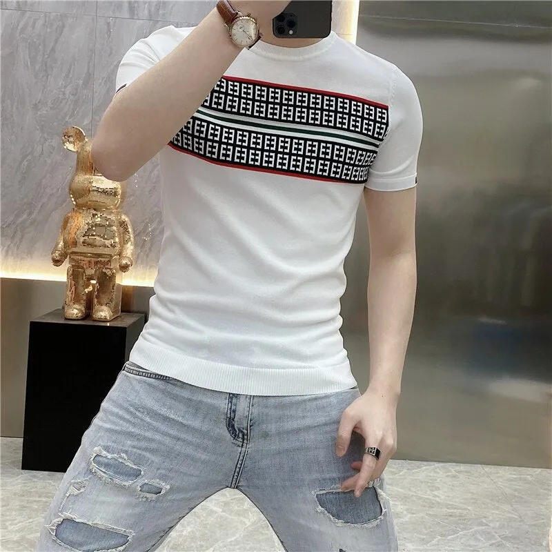 Jinquedai Summer Knitted T-shirt Men High Quality Short Sleeve Casual T-Shirt Ice Silk Breathable Streetwear Round Neck Tee Tops