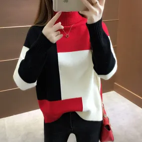Knitted Sweater Women Red Patchwork Turtleneck Knitted Winter Jumper Pullover Casual Women Clothes