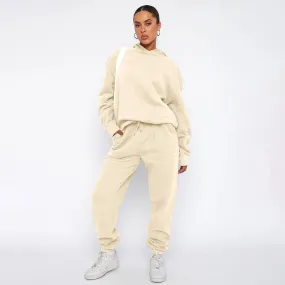 Ladies Solid Color Hoodie and Pants Sets Ivory