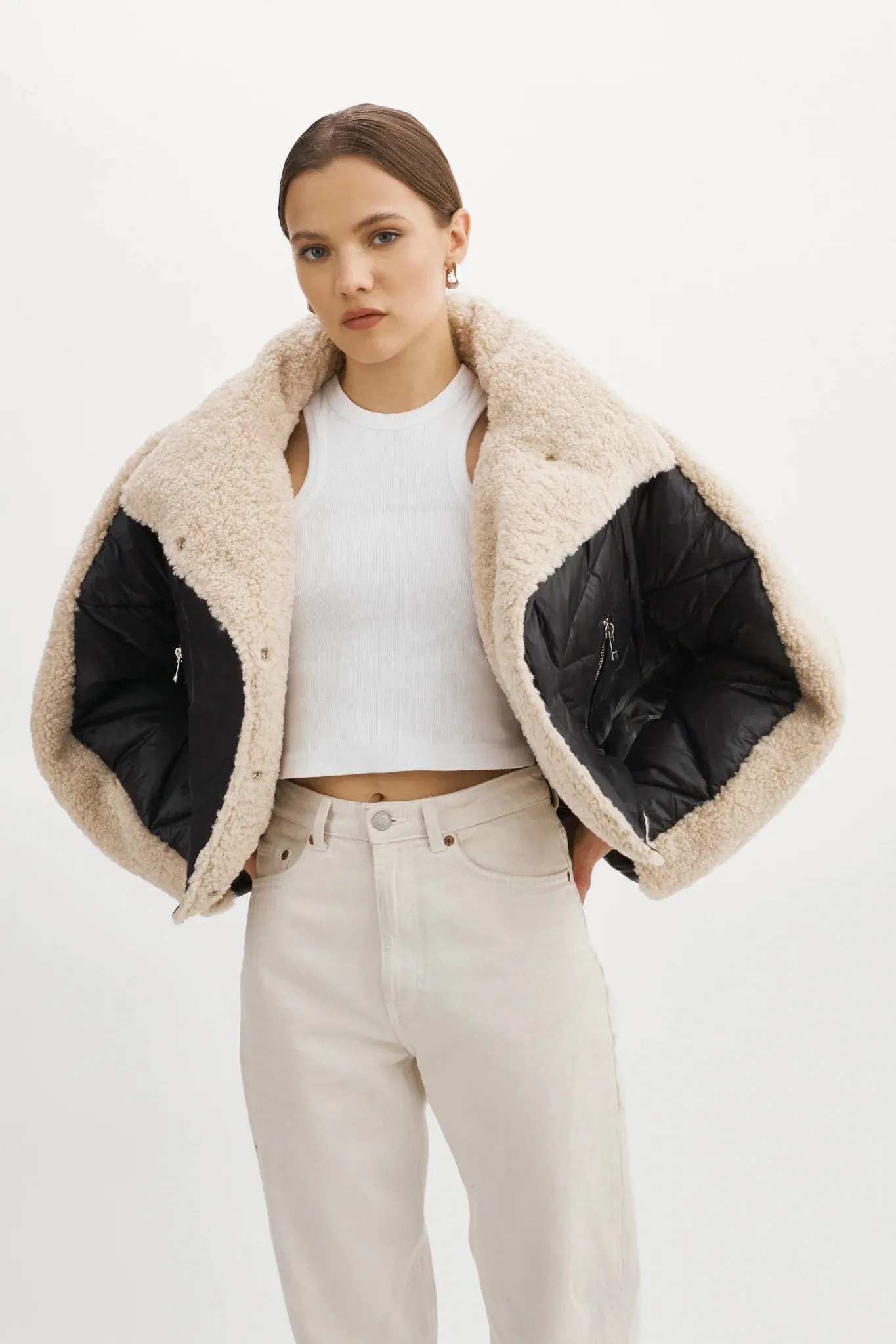Lamarque Sharon Mixed Media Puffer Jacket- Black/beige