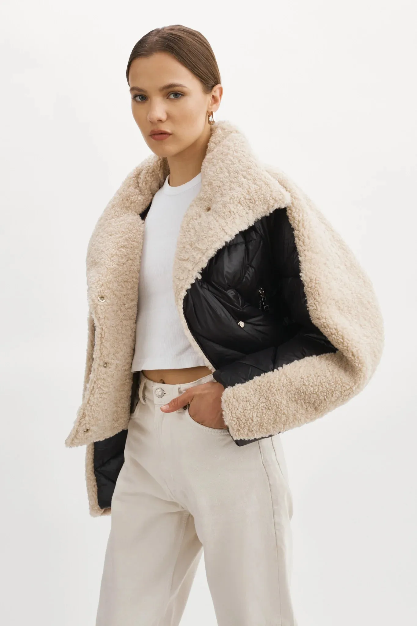 Lamarque Sharon Mixed Media Puffer Jacket- Black/beige