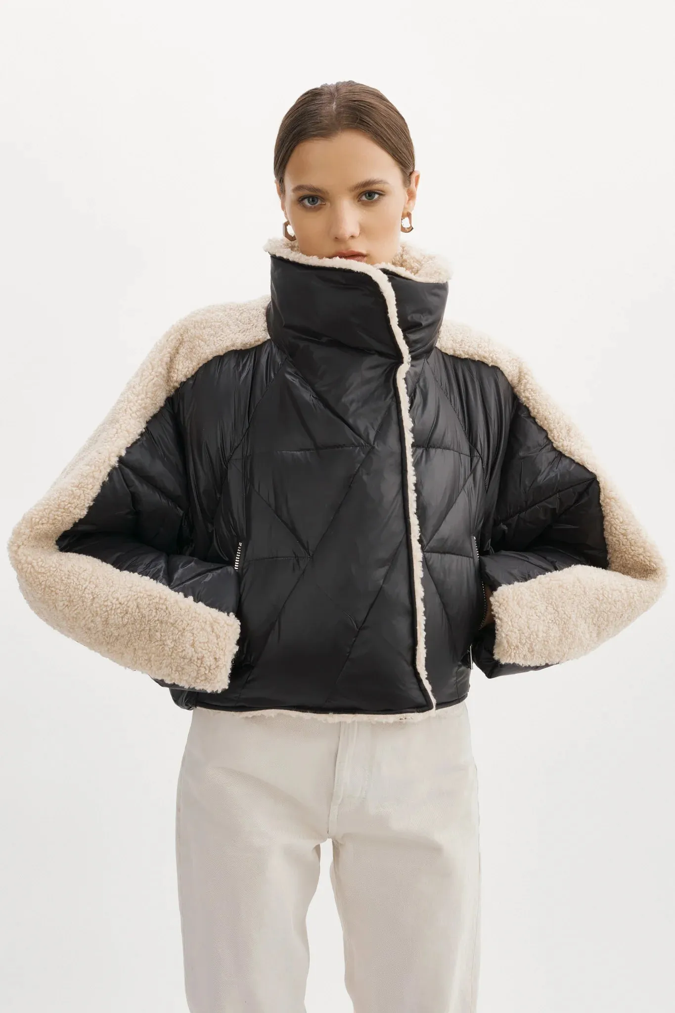 Lamarque Sharon Mixed Media Puffer Jacket- Black/beige