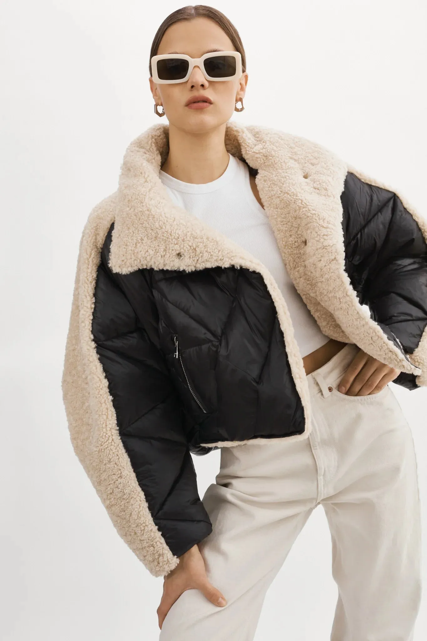 Lamarque Sharon Mixed Media Puffer Jacket- Black/beige