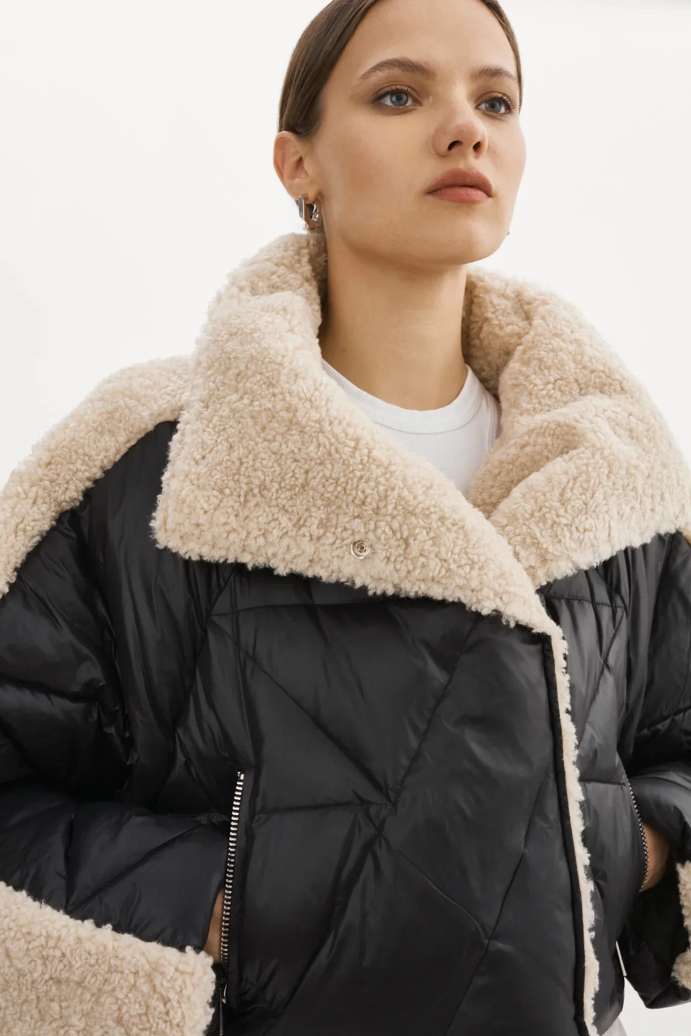 Lamarque Sharon Mixed Media Puffer Jacket- Black/beige