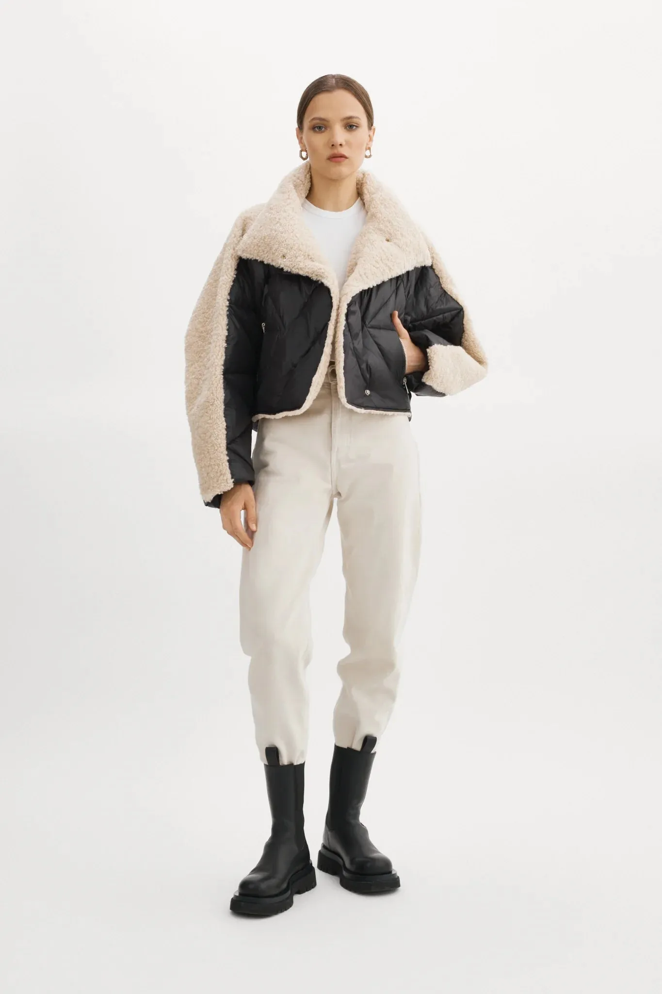 Lamarque Sharon Mixed Media Puffer Jacket- Black/beige