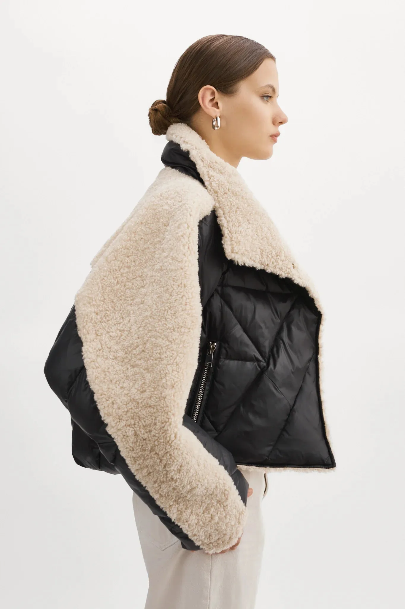 Lamarque Sharon Mixed Media Puffer Jacket- Black/beige
