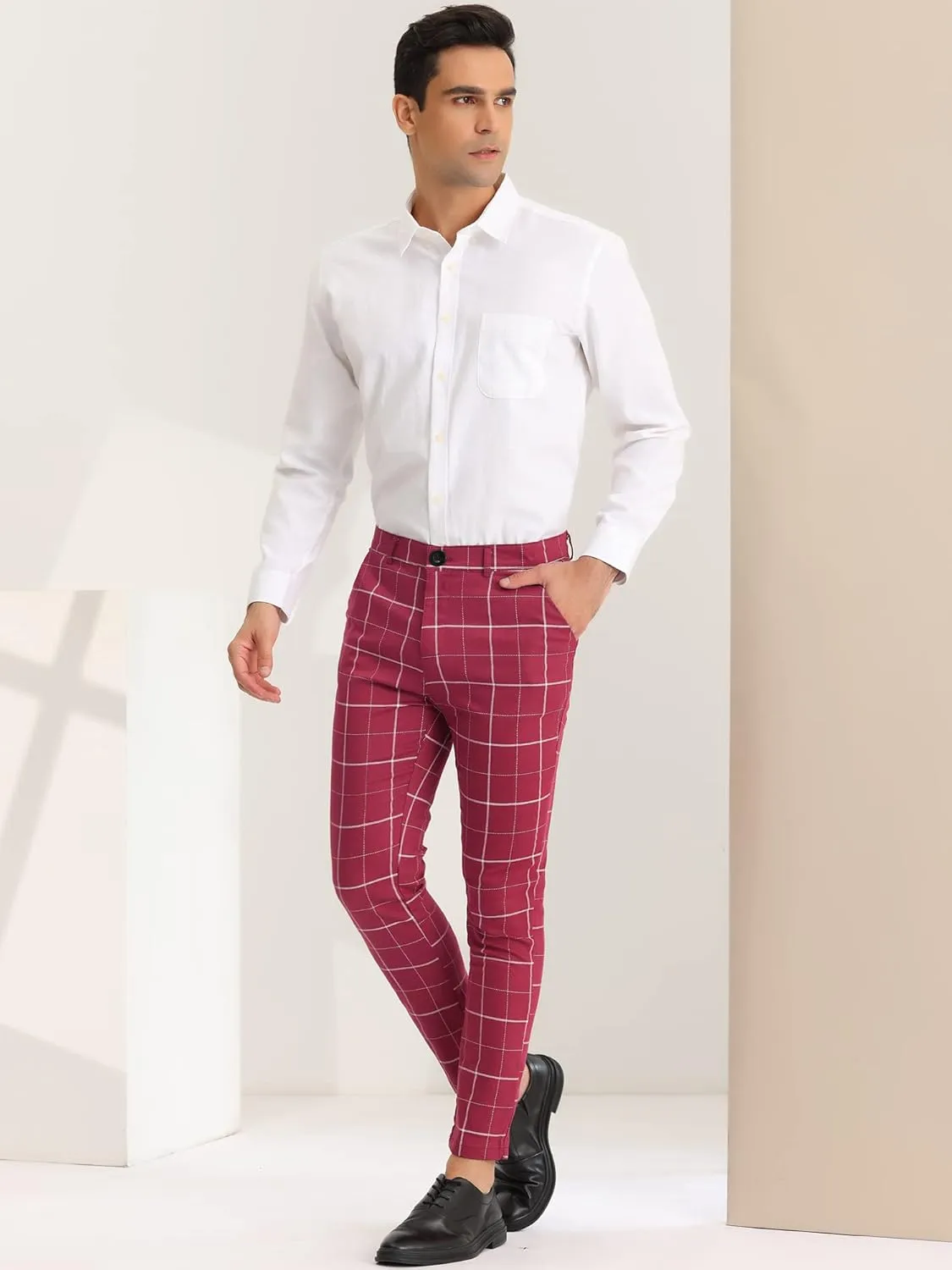 Lars Amadeus Men's Dress Plaid Pants Slim Fit Stretch Flat Front Dress Pants Plaid Slacks Trousers
