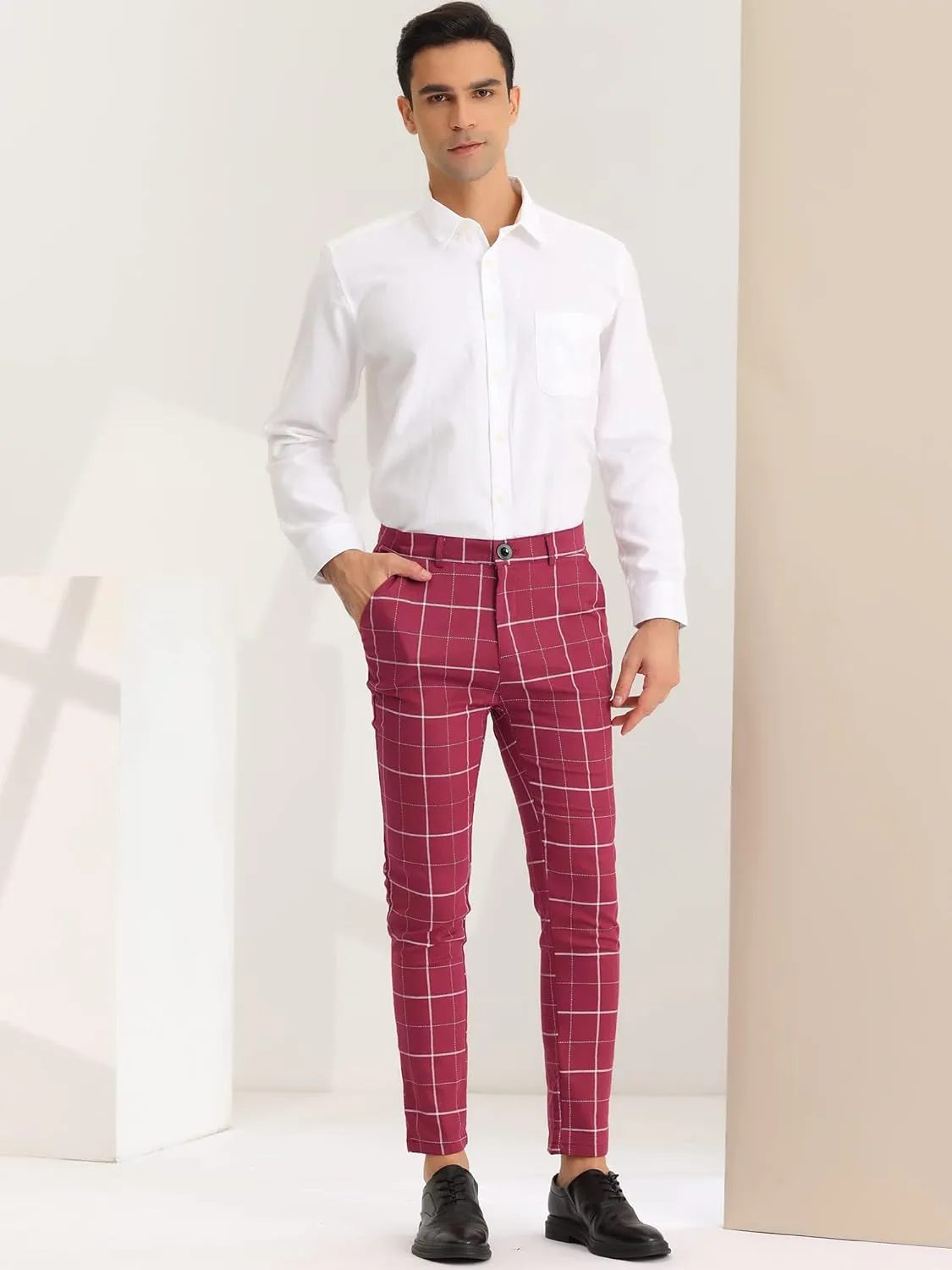 Lars Amadeus Men's Dress Plaid Pants Slim Fit Stretch Flat Front Dress Pants Plaid Slacks Trousers