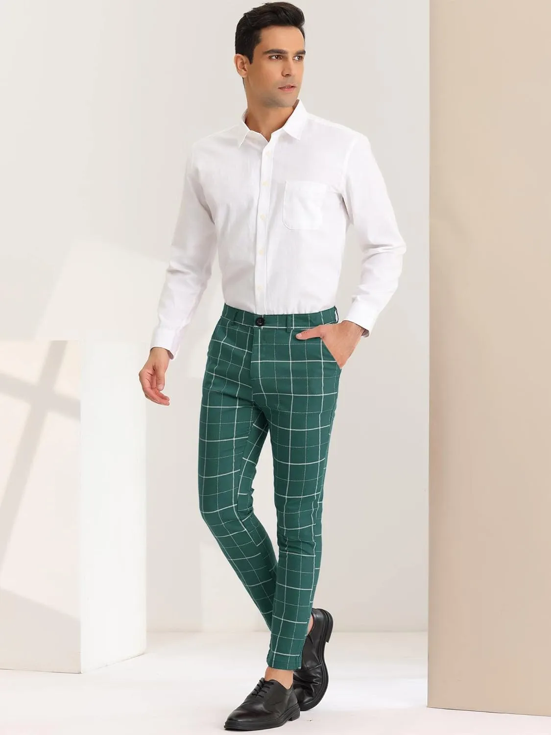 Lars Amadeus Men's Dress Plaid Pants Slim Fit Stretch Flat Front Dress Pants Plaid Slacks Trousers