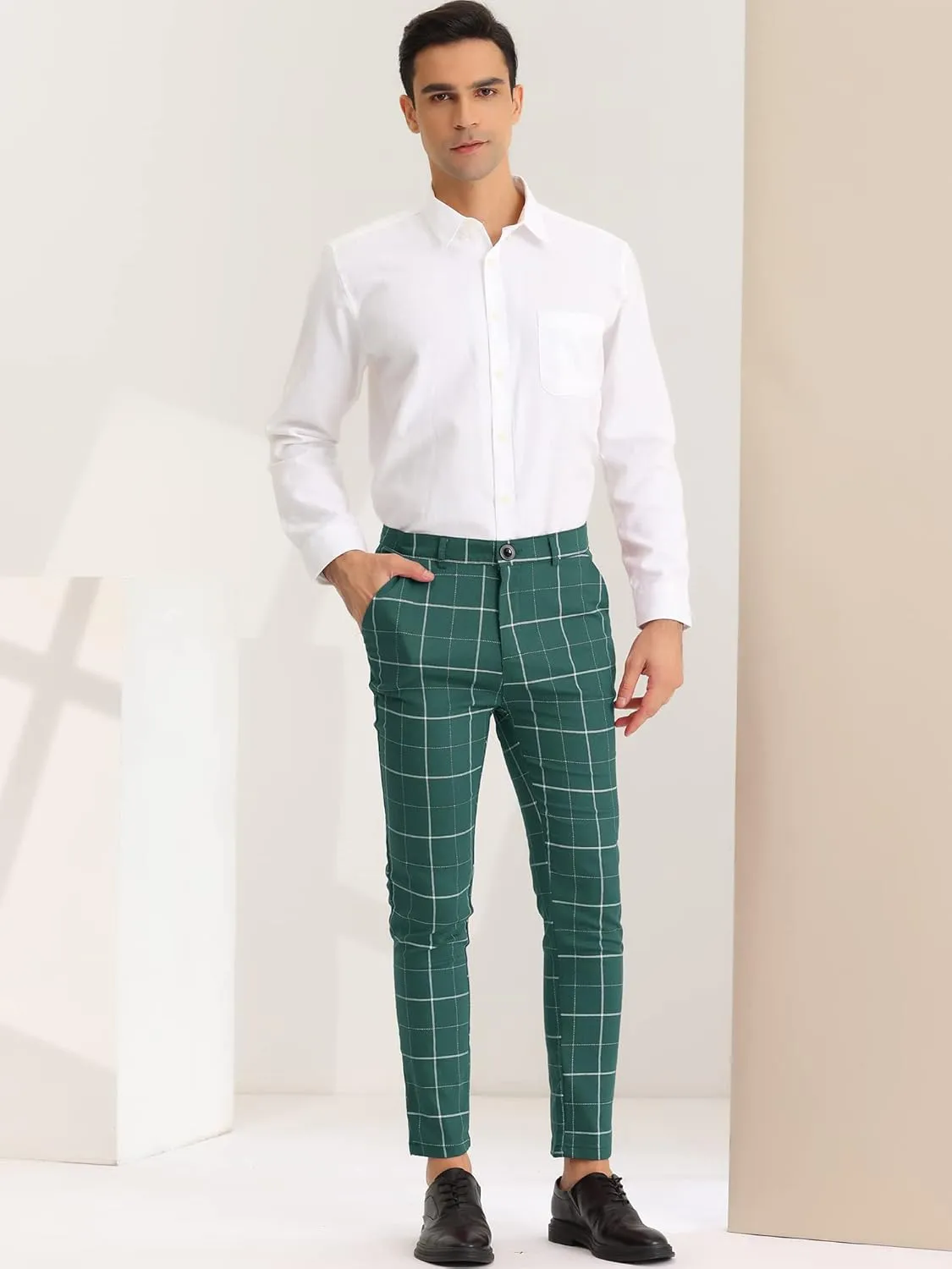 Lars Amadeus Men's Dress Plaid Pants Slim Fit Stretch Flat Front Dress Pants Plaid Slacks Trousers