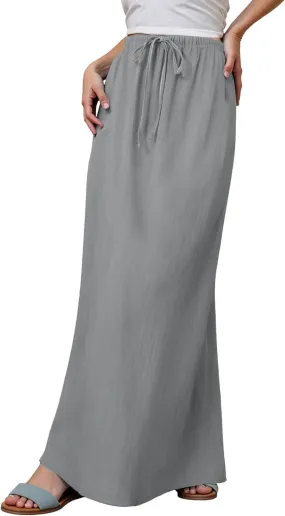 Linen Maxi Skirts for Women Trendy Summer Comfy Drawstring A Line Skirts Casual Beach Vacation Boho Flowy Long Skirts