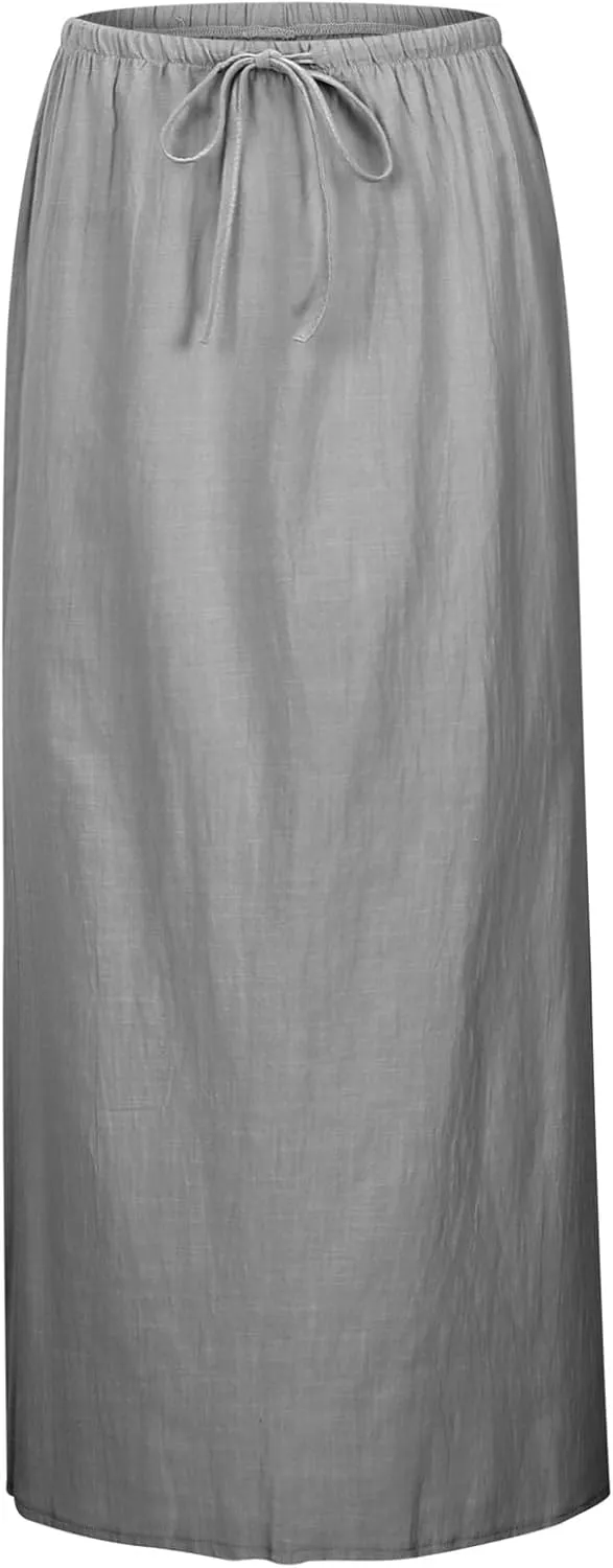 Linen Maxi Skirts for Women Trendy Summer Comfy Drawstring A Line Skirts Casual Beach Vacation Boho Flowy Long Skirts