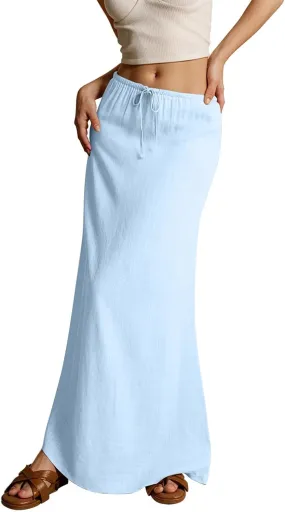 Linen Maxi Skirts for Women Trendy Summer Comfy Drawstring Waist A Line Skirts Cute Vacation Boho Long Flowy Skirts
