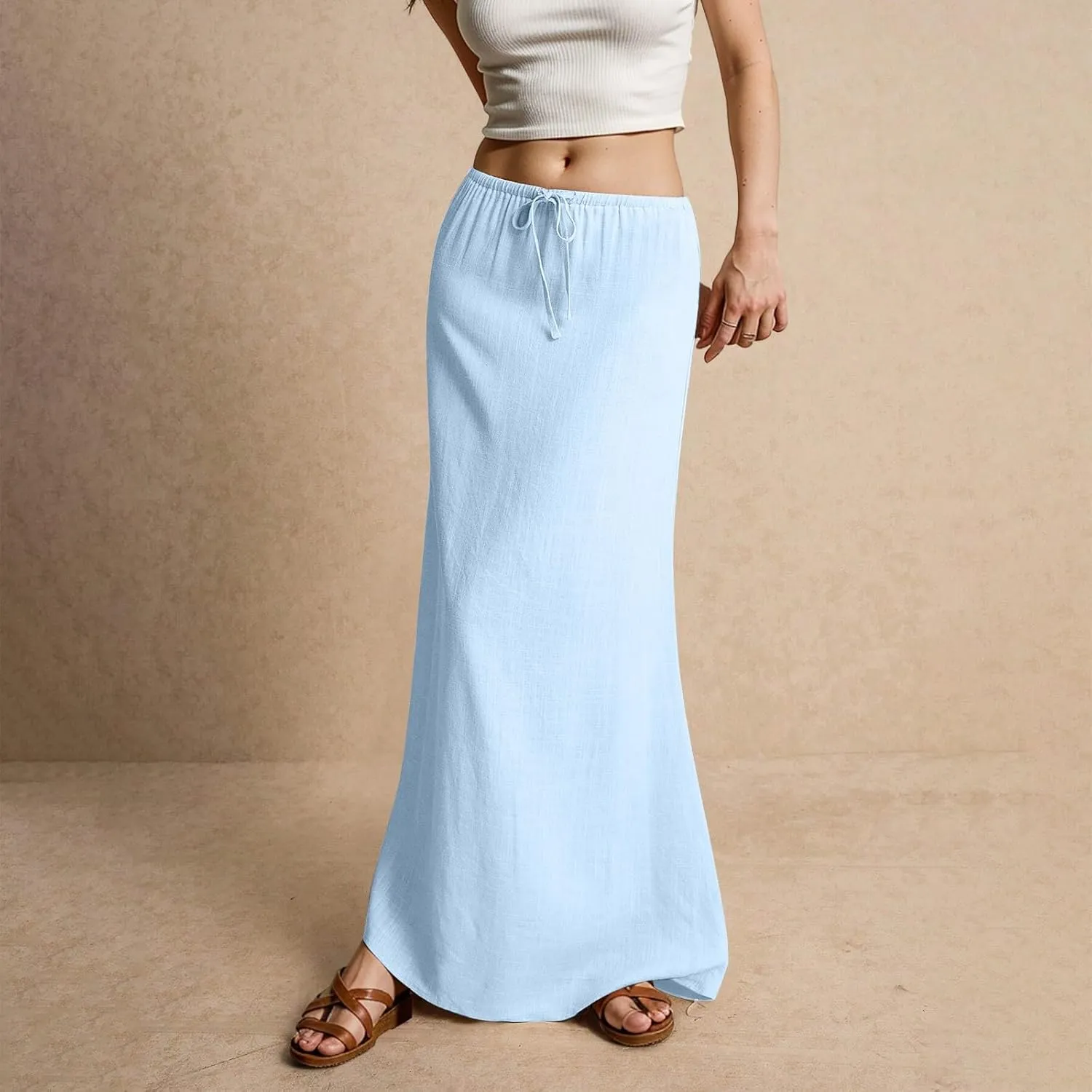 Linen Maxi Skirts for Women Trendy Summer Comfy Drawstring Waist A Line Skirts Cute Vacation Boho Long Flowy Skirts